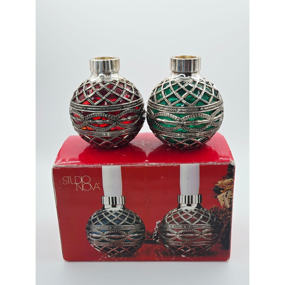 Studio Nova Godinger Silver Plated Red Green Glass Orb Candle Holders Set of 2